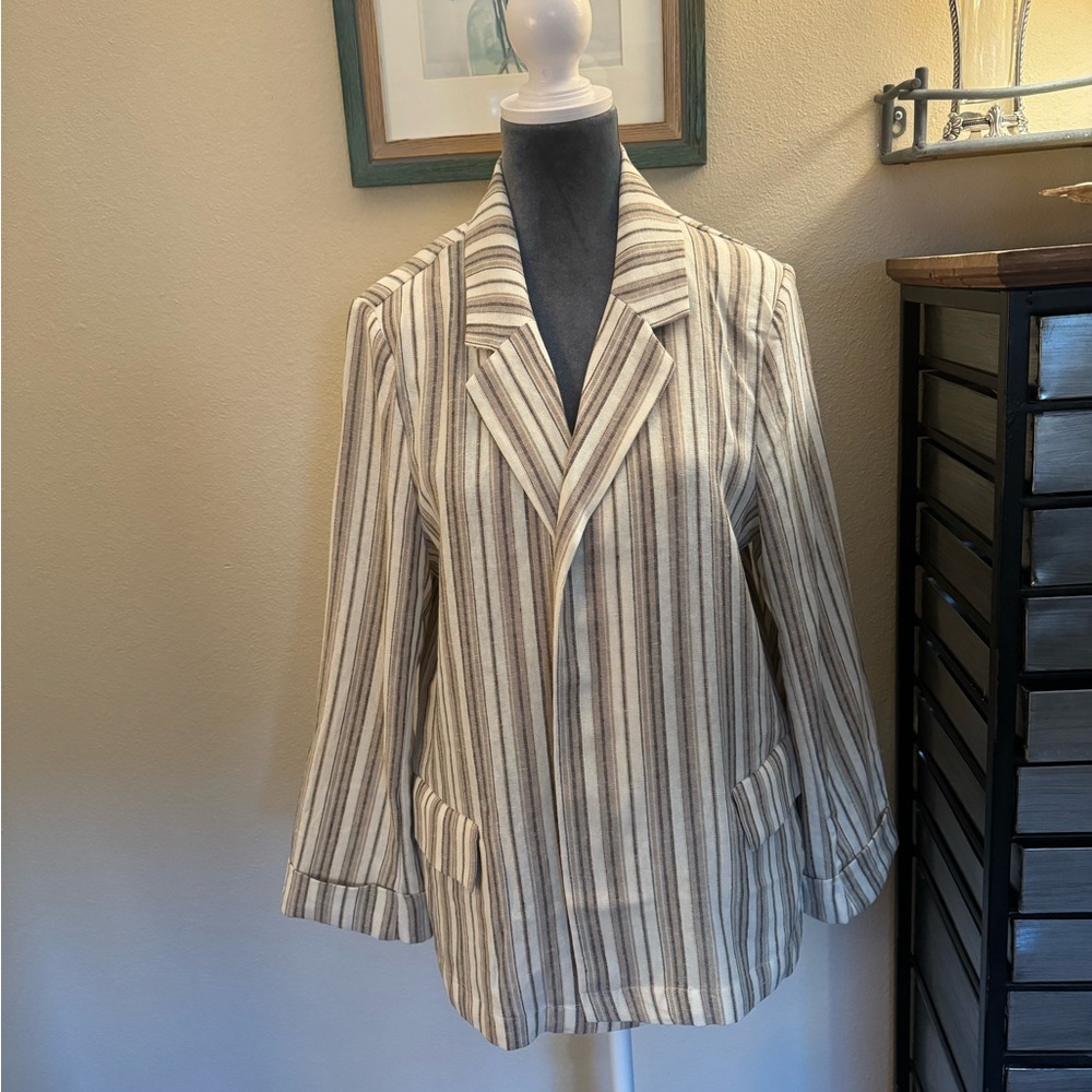 BNWT Love Tree Open Front Boxy Linen Blend Striped Blazer w/Pockets, Size L, Tan